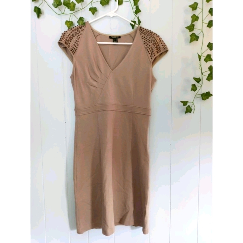 Cartise Tan Capped Sleeve Beaded Bodycon Dress